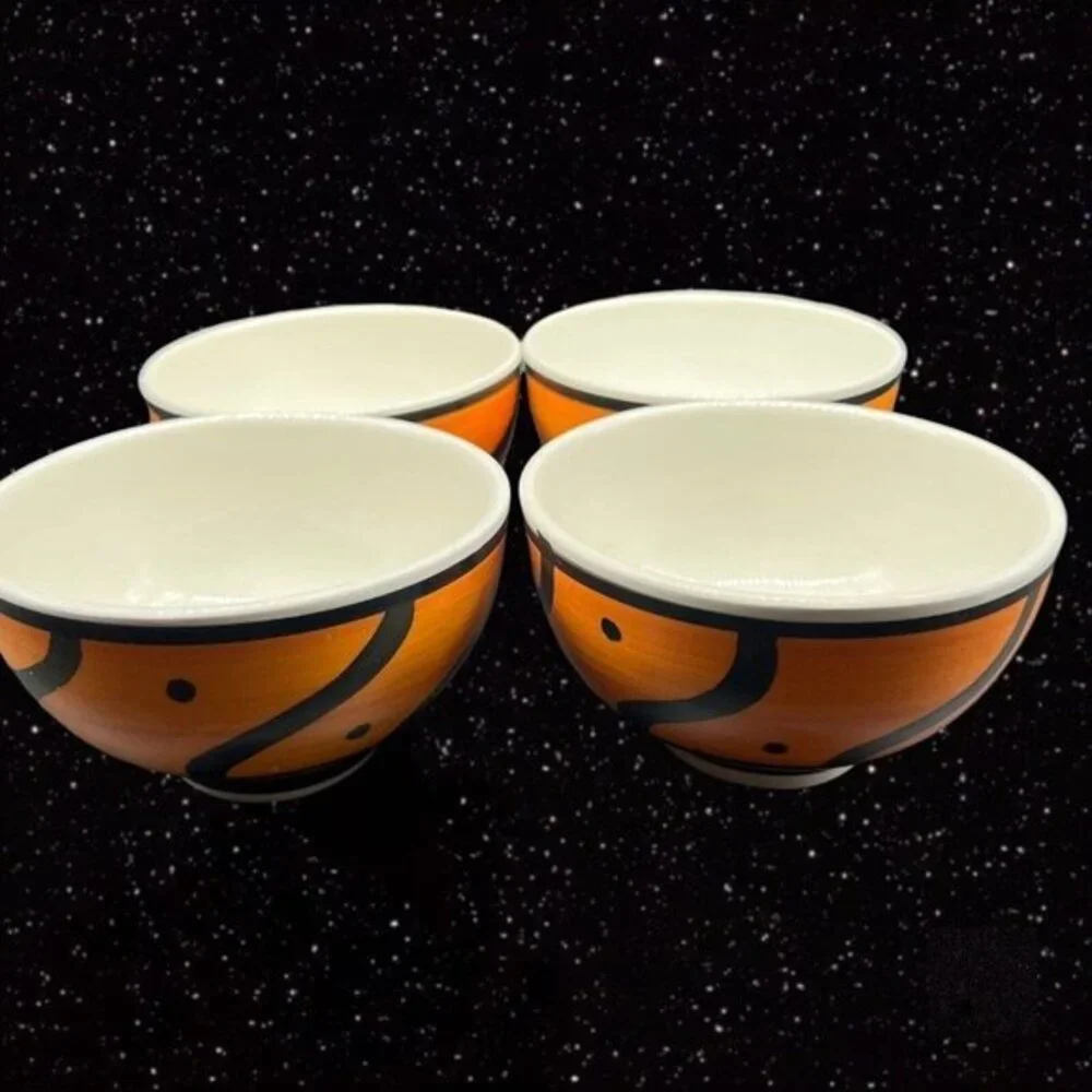 Pier 1 Hand Painted ITALY Orange & Black Cereal Bowl Set 4 Pcs Ceramic 3”T 5.5”W